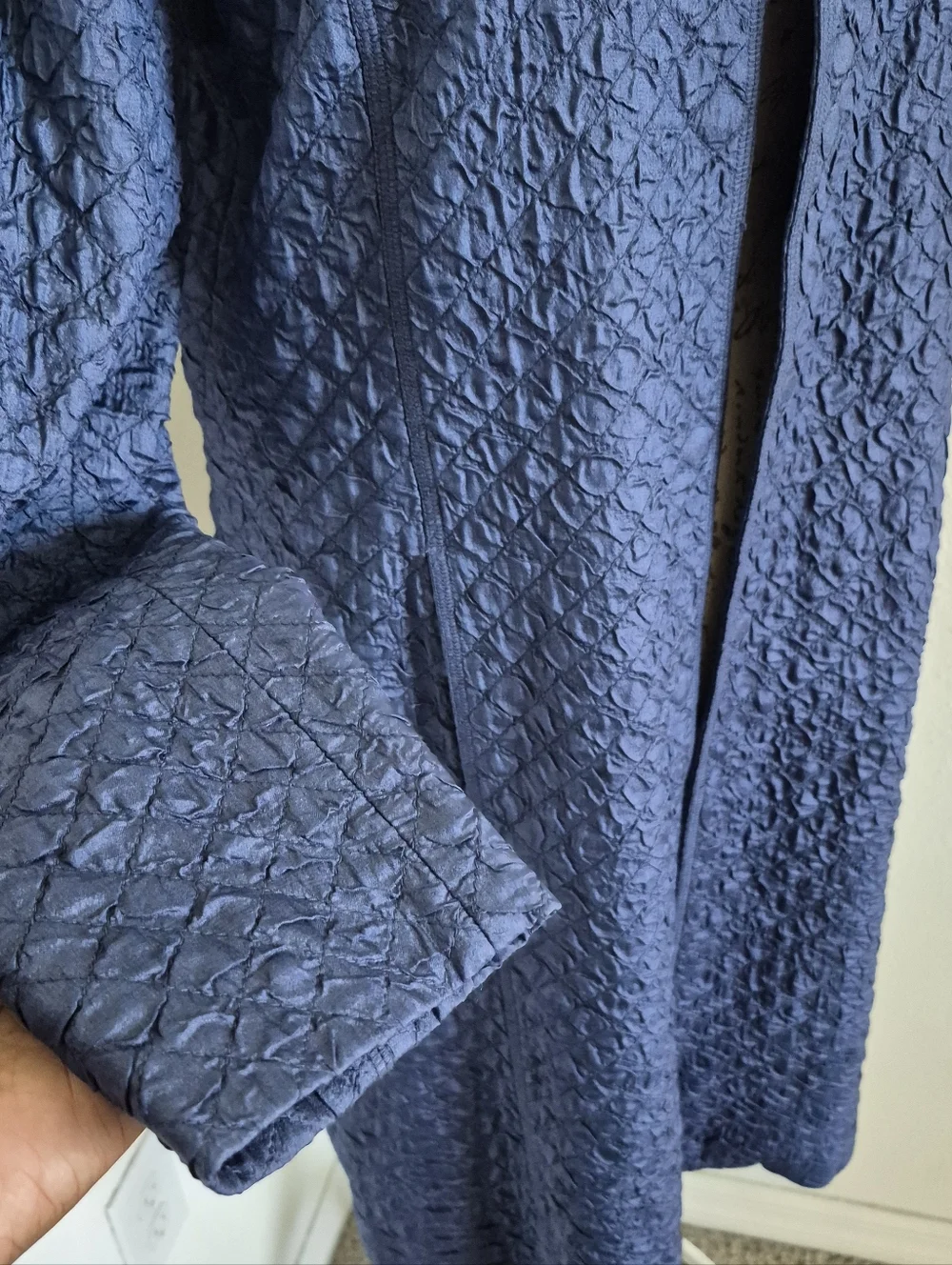 Eileen Fisher Quilted Crinkled Silk, Midi Trench Evening Coat in Blue